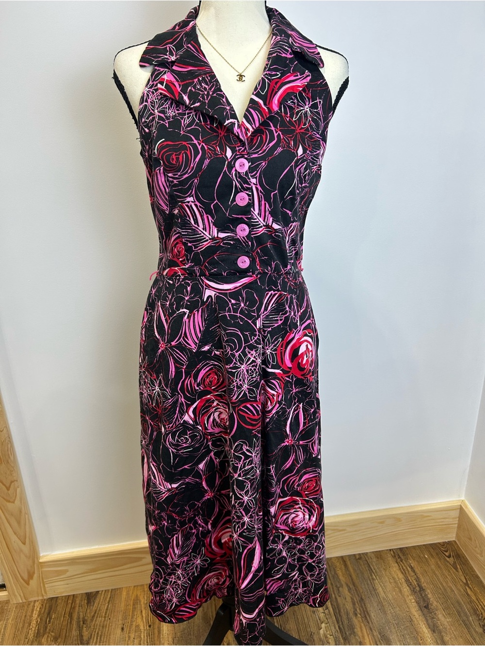 Alyn Paige Black Halter Dress , Pink & Fuchsia Floral Print